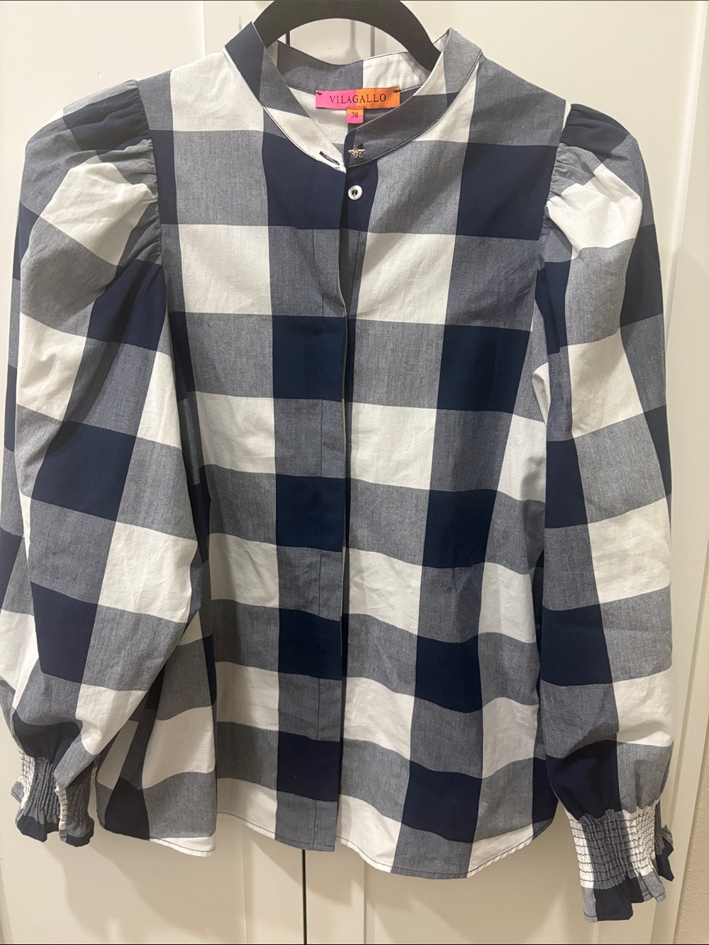 Vilagallo Navy and White Check Puff-Ladies (38) Sleeve Blouse